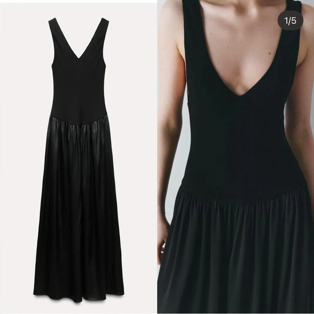 Zara Black Contrast Midi Dress V-neck Dropped waist Tonal fabric size S NWT - Picture 3 of 16